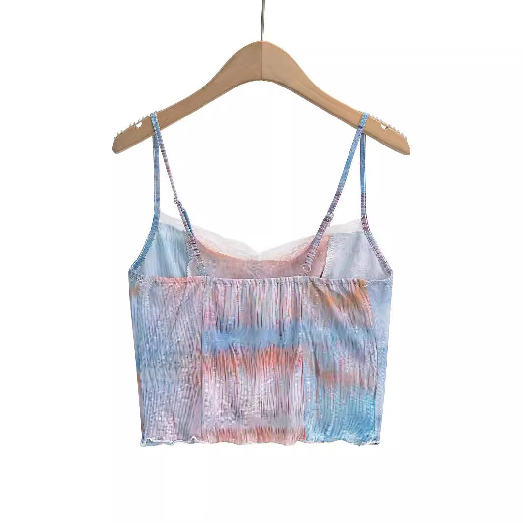 Women's Gradient Mesh Patchwork Short Top – Lace Edge