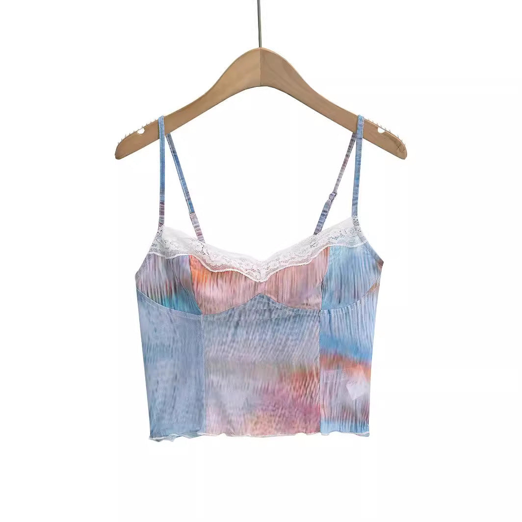 Women's Gradient Mesh Patchwork Short Top – Lace Edge