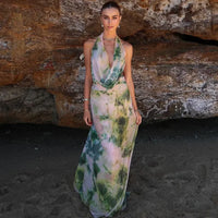Tie Dye Halter Backless Maxi Dress Set-Cleopatra Fashion