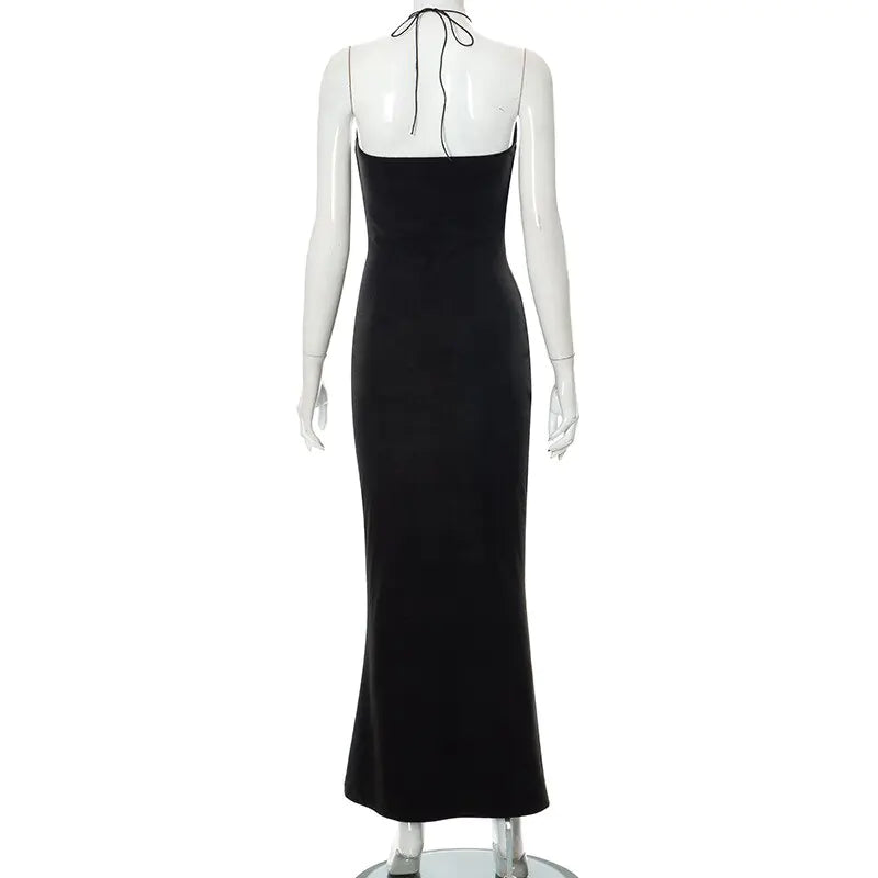 Women's Backless Halter Maxi Dress – Shimmery Black