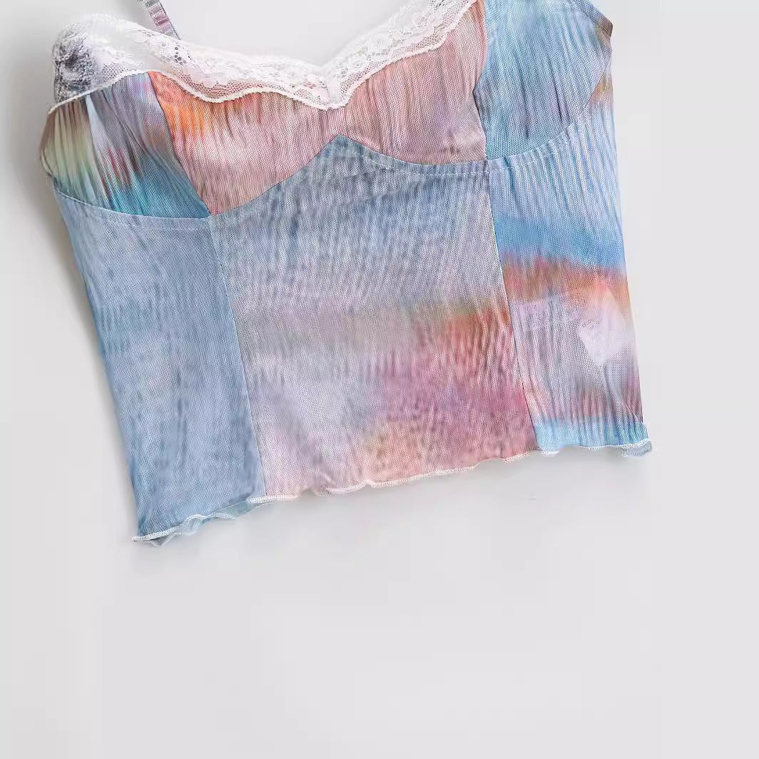 Women's Gradient Mesh Patchwork Short Top – Lace Edge