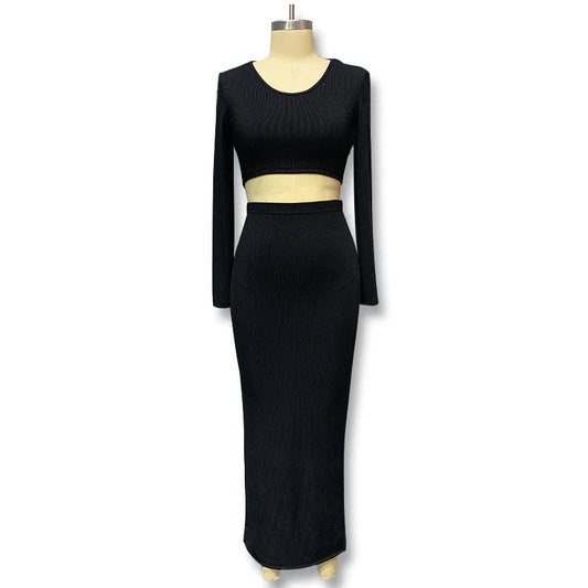 Women's 2-Piece Long Sleeve Top and Slit Skirt Set – European Style