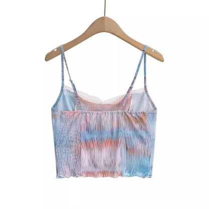 Women's Gradient Mesh Patchwork Short Top – Lace Edge