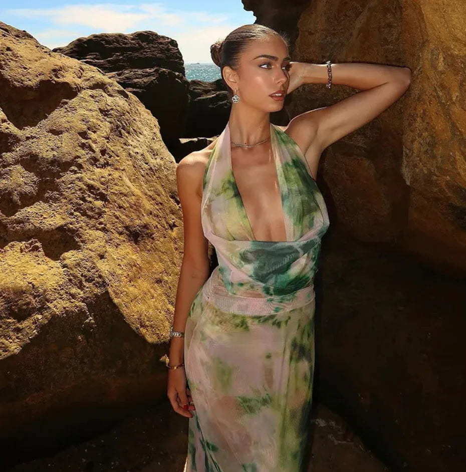 Tie Dye Halter Backless Maxi Dress Set-Cleopatra Fashion