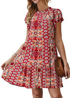 KIRUNDO 2024 Boho Ruffle Mini Dress - Floral Wine Red-Cleopatra Fashion