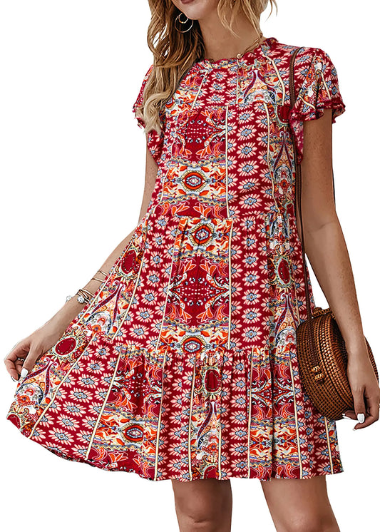 KIRUNDO 2024 Boho Ruffle Mini Dress - Floral Wine Red-Cleopatra Fashion