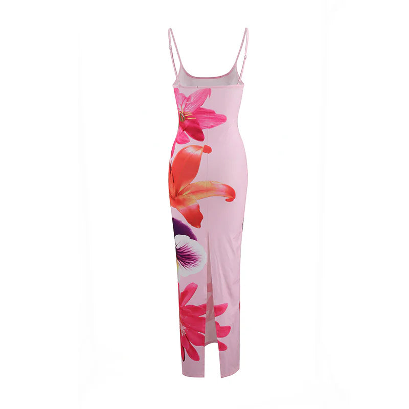 Women's Floral Sling Maxi Dress – Backless with Slit