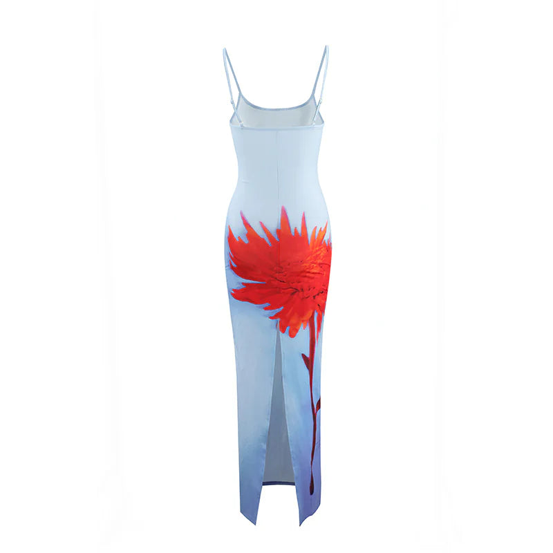 Women's Floral Sling Maxi Dress – Backless with Slit