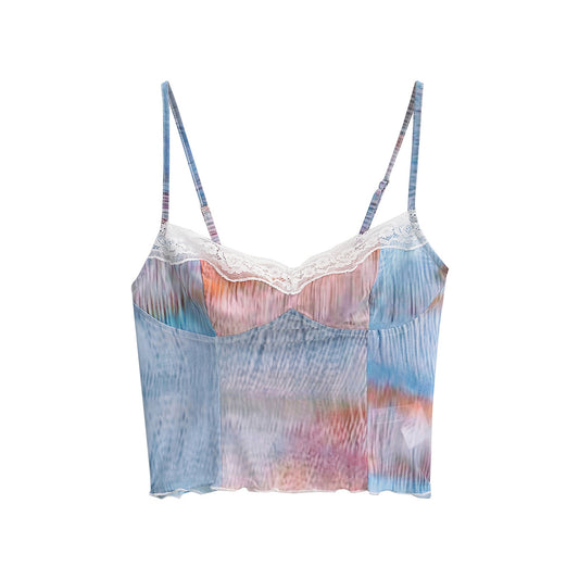 Women's Gradient Mesh Patchwork Short Top – Lace Edge