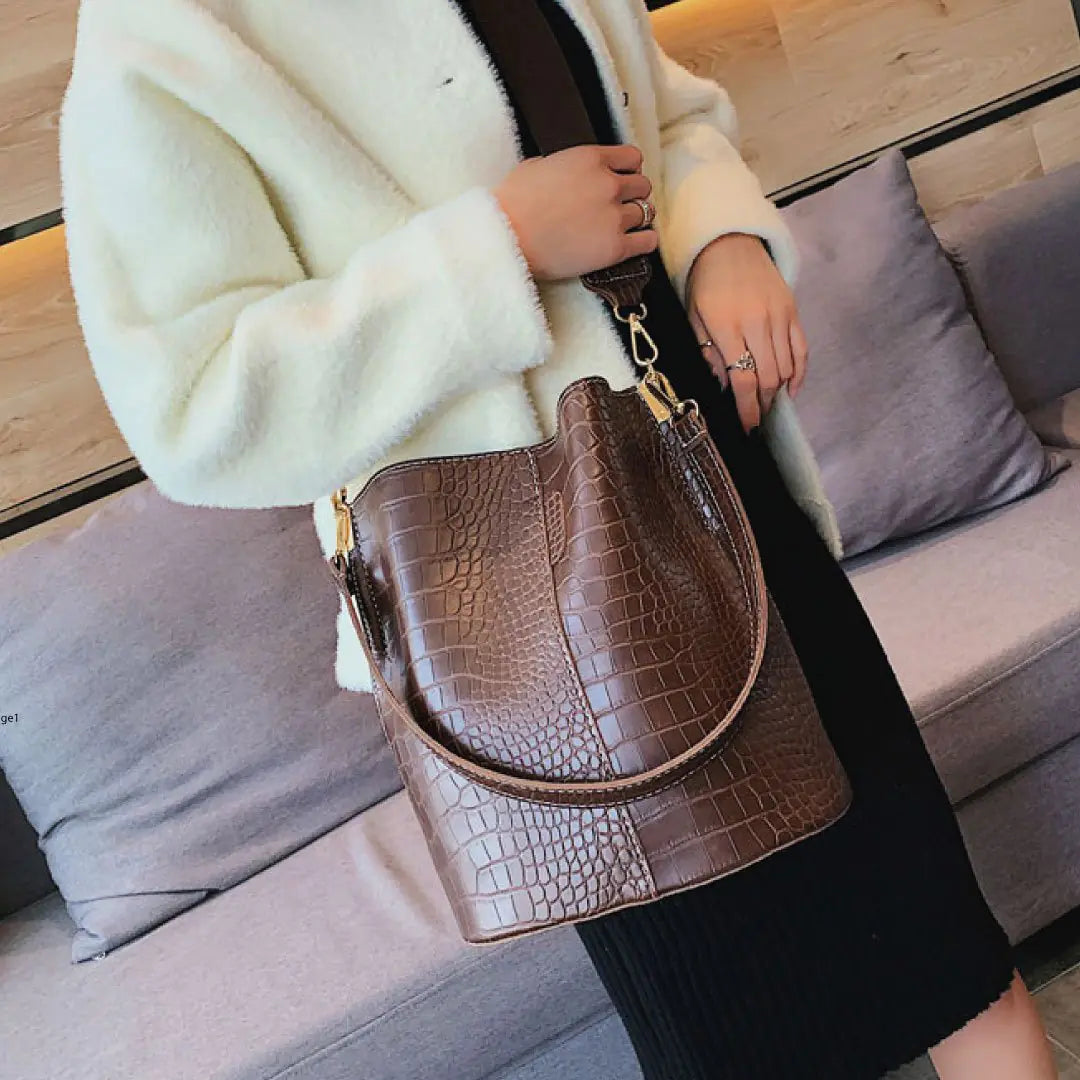 Blake Croc-Textured Shoulder Bag - Chocolate-Cleopatra Fashion