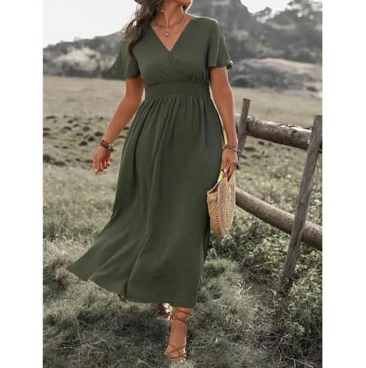 V-Neck Long Slit Dress with Bell Sleeves-Cleopatra Fashion