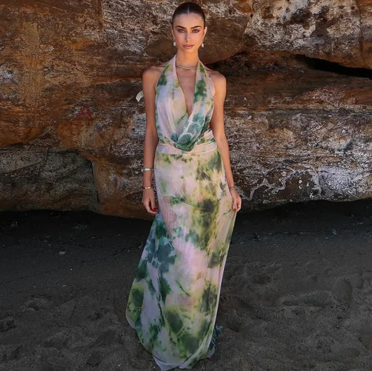 Tie Dye Halter Backless Maxi Dress Set-Cleopatra Fashion