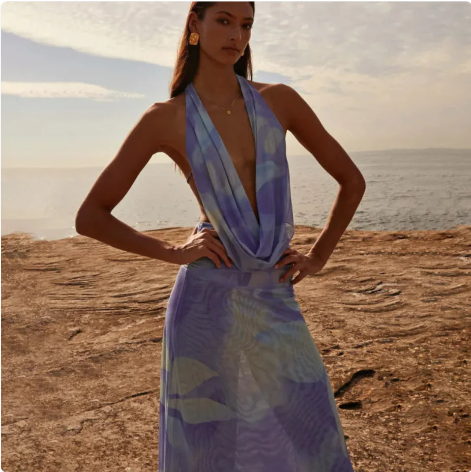 Tie Dye Halter Backless Maxi Dress Set-Cleopatra Fashion
