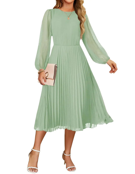 ZESICA Womens Fall Long Sleeve Dresses 2025 Casual Crewneck Chiffon Swing Pleated A Line Cocktail Party Midi DressSage GreenMedium-Cleopatra Fashion