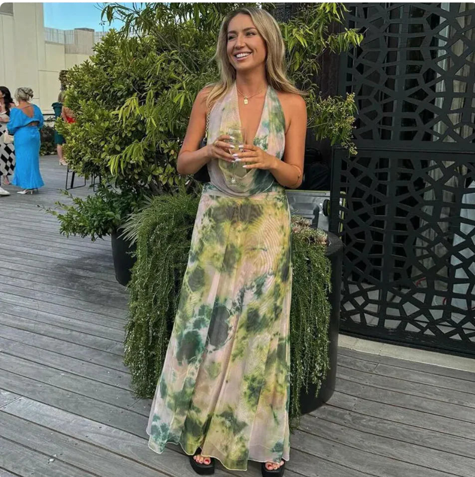 Tie Dye Halter Backless Maxi Dress Set-Cleopatra Fashion