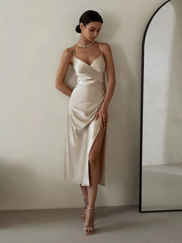 Halter Neck Slit Party Dress-Cleopatra Fashion