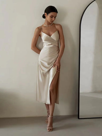 Halter Neck Slit Party Dress-Cleopatra Fashion