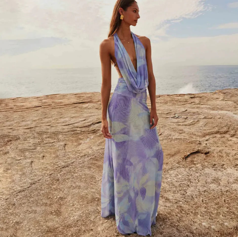 Tie Dye Halter Backless Maxi Dress Set-Cleopatra Fashion