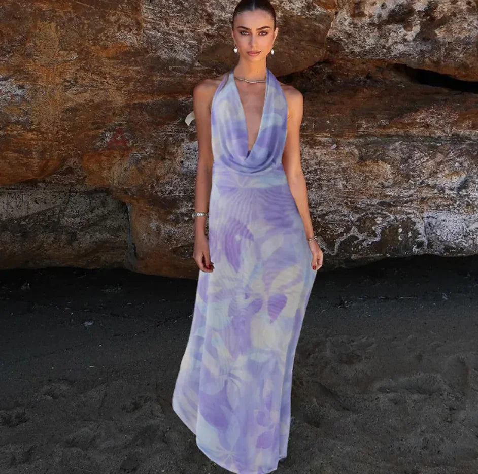 Tie Dye Halter Backless Maxi Dress Set-Cleopatra Fashion